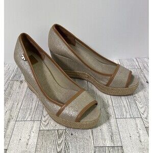 Tory Burch Beige and Brown Espadrille Wedge Peep-Toe